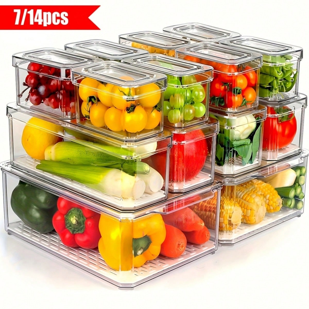 Food Storage Bins - 7/14 Pack Stackable Fridge Organizer Bins