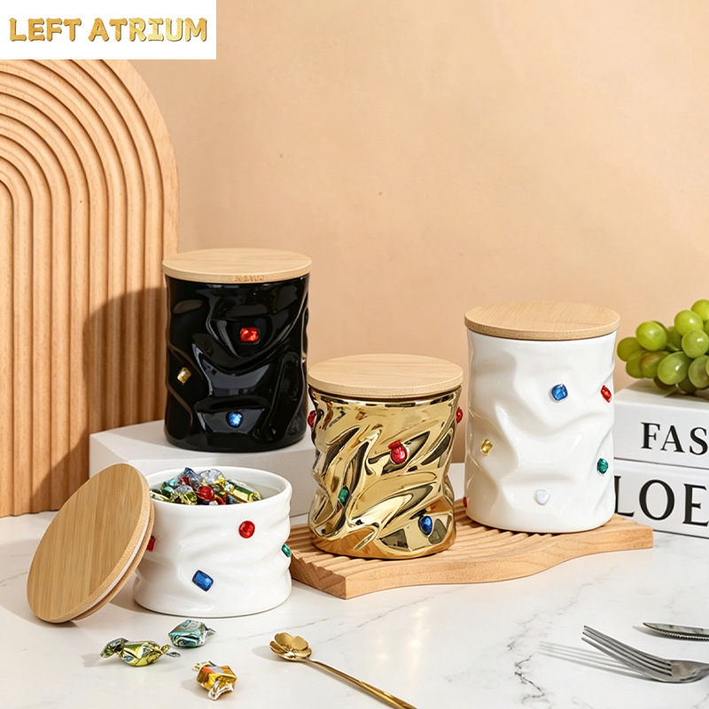 Food Storage Jars With Wooden Lids - Gemstone Ceramic Jar with Wooden Lid