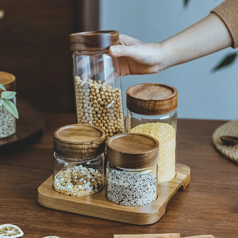 Food Storage Kitchen Container Set - Wood Lid Orgnizer Glass Airtight Canister