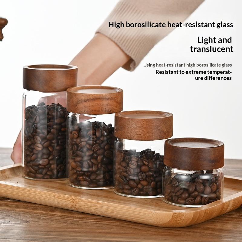 Food Storage Jars With Wooden Lids - Coffee Beans Sealed Tank Transparent Glass